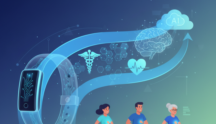 Fitbit Air smartwatch displaying AI health metrics with Google AI Health branding.